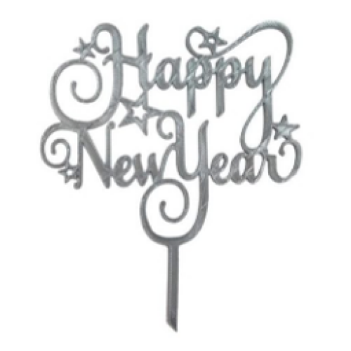 Топпер пластиковый "Happy New Year", серебро - отличный декор для новогоднего десерта