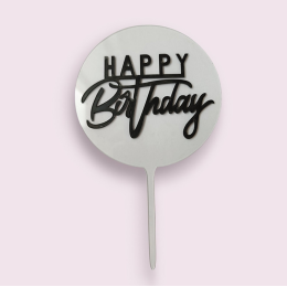 Топпер  "Happy birthday" круглый,  прозрачный с чёрным