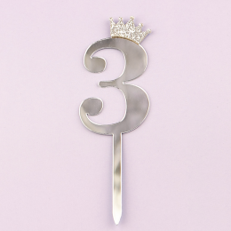 Топпер акриловый "Цифра 3" серебро