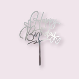 Топпер  "Нарру birthday",  серебряный с сердечками