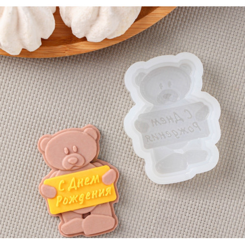 Силиконовая форма для кондитеров Мишка с табличкой – идеальный выбор для создания объемных украшений из мастики, марципана и шоколада