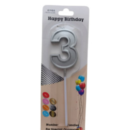 Свеча в торт на шпажке "Цифра 3", серебро