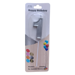 Свеча в торт на шпажке "Цифра 1", серебро