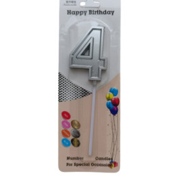 Свеча в торт на шпажке "Цифра 4", серебро