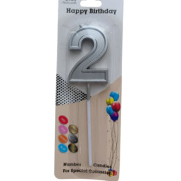 Свеча в торт на шпажке "Цифра 2", серебро