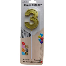 Свеча в торт на шпажке "Цифра 3", золото