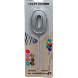 Свеча в торт на шпажке "Цифра 0", серебро