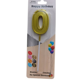 Свеча в торт на шпажке "Цифра 0", золото