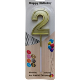 Свеча в торт на шпажке "Цифра 2", золото
