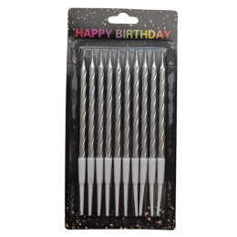 Свечи в торт витые с подставкой, 10 шт, 13 см, серебро