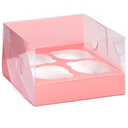 Кондитерская складная коробка для 4 капкейков Розовая (16х16х10 см)