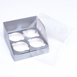 Кондитерская складная коробка для 4 капкейков Серебро (16х16х10 см)