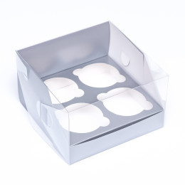 Кондитерская складная коробка для 4 капкейков Серебро (16х16х10 см)