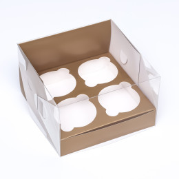 Кондитерская складная коробка для 4 капкейков Золотая (16х16х10 см)