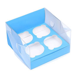 Кондитерская складная коробка для 4 капкейков Голубая (16х16х10 см)