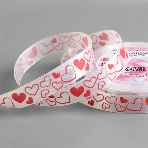 Лента атласная «Сердечки», 15 мм, 23±1 м, белая, красная №001 по лучшей цене
