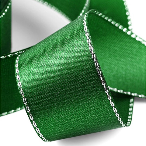 Лента атласная, с серебряным люрексом 23±1 м, зелёная №049 по лучшей цене
