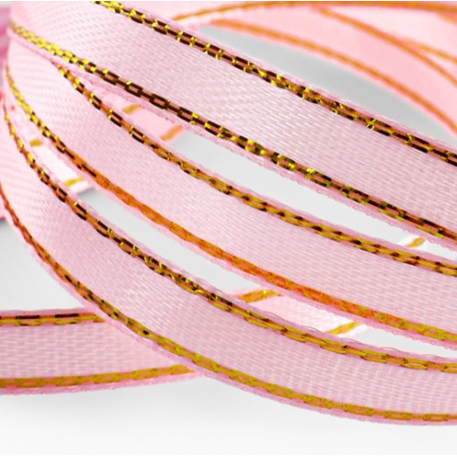 Лента атласная, с золотым люрексом, 6 мм, 23±1 м, розовая №004 по лучшей цене