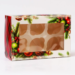 Коробка для 6 капкейков «Новогодняя с шишками», 25 × 16 х 10 см