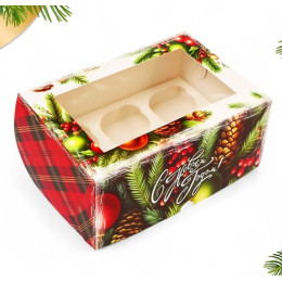 Коробка для 6 капкейков «Новогодняя с шишками», 25 × 16 х 10 см