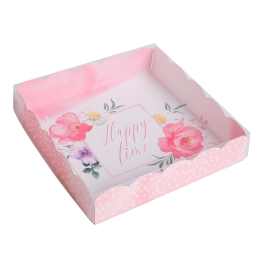 Коробка для кондитерских изделий с PVC-крышкой «Happy time», 15 * 15 * 3 см